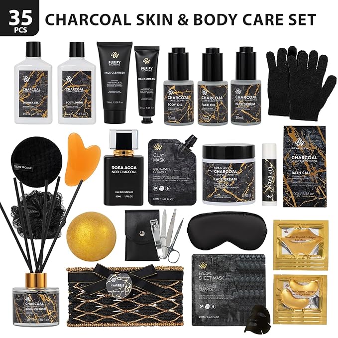 35 Pcs Valentines Day Gifts for Women & Men, Charcoal Bath & Body Gift Basket, Face Skin Care Kit, Self-Care Gift, Diffuser, Shower Gel, Massage Oil, Bath Bomb, Birthday, Christmas, Mother, Husband