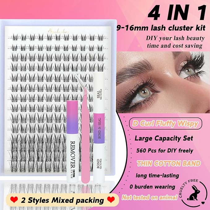 Manga Lash Clusters with Spikes, Eyelashes Clusters Kit Clear Band Lash Extension Kit D Curl Fluffy Wispy False Eyelashes with Lash Bond and Seal, Remover, Lash Tweezers (Lash Clusters Kit)