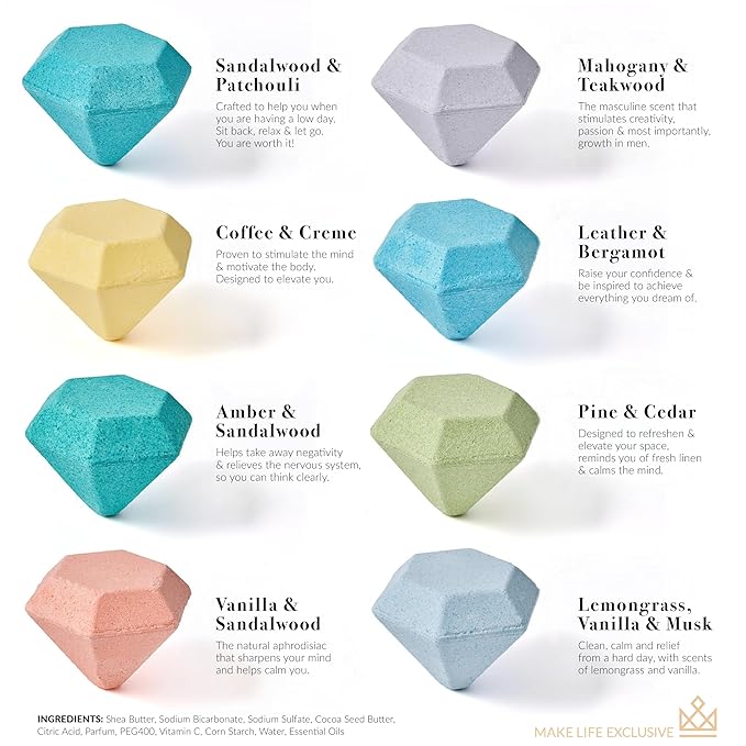 Bath Bombs for Men – 8 Large Diamond Shape Natural Mens Bath Bombs | Relaxing Bubble Bath Set & Bubble Bath Balls for Men | Masculine Scents & Skin Soothing Gift Set