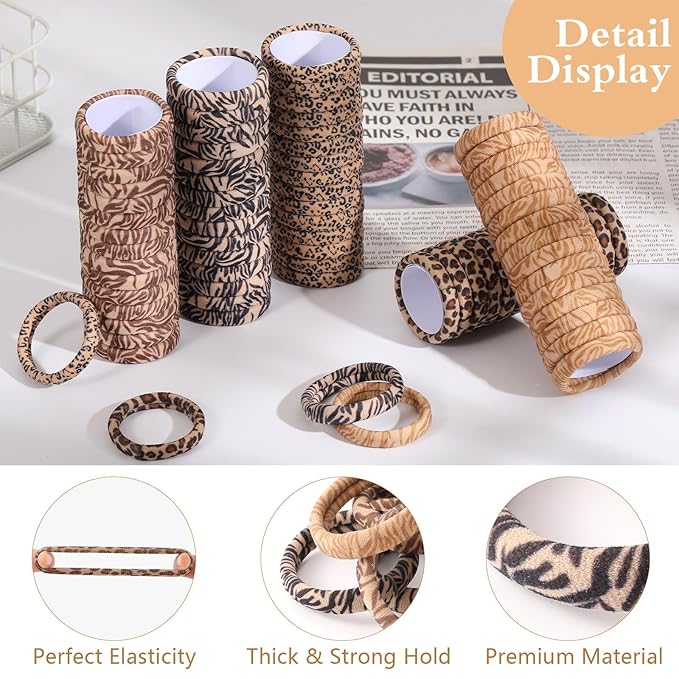 Bessrung 100PCS Seamless Elastic Hair Ties for Women Girls, No Damage Ponytail Holders for Thin Thick Hair, Leopard Animal Print Hair Bands for Women's Hair, Hair Accessories for Valentine's Day Gift