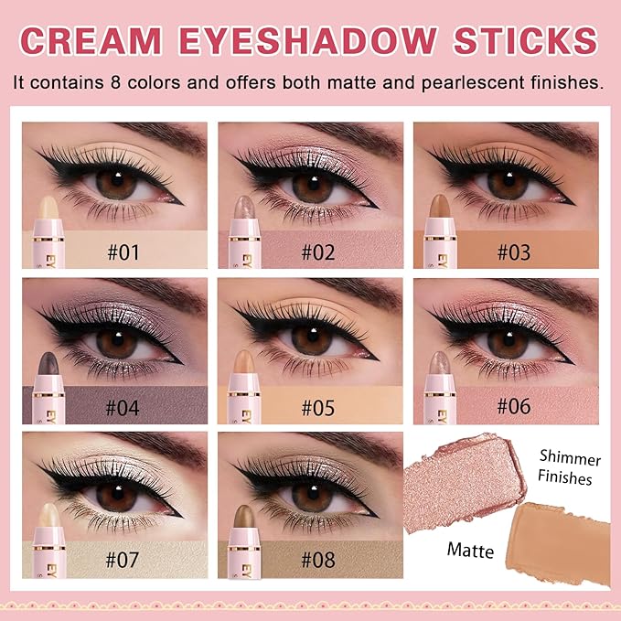 8 Colors Cream Eyeshadow Stick Set, Eye Shadow Brightener Stick Shimmer and Matte Finishes, Long-Lasting, Waterproof, Crease-Proof, Crayon Eye Shadow Pencil Highlighter Makeup