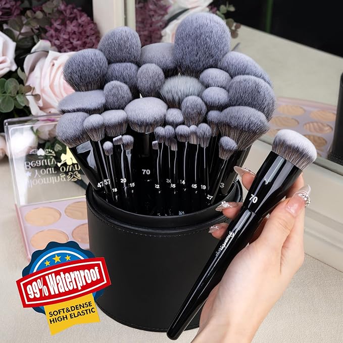 Bueart Design 32Pcs PRO Grade Makeup Brushes Set with Super large Holder, Premium Ultra-soft Synthetic Foundation Contour Powder Blush Concealer Eyeshadow Classic Black Make up Brush