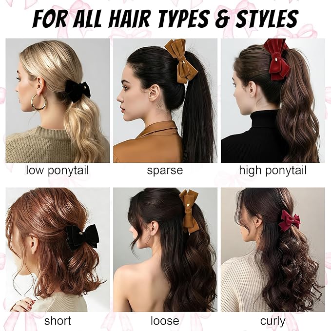 3 Pack Velvet Bow Banana Clips for Hair, Large French Hair Claw Clips for Women Thick Hair, Non-Slip Strong Hold Ponytail Holder, Elegant Ribbon Jaw Clips Accessories (Black, Burgundy, Camel)