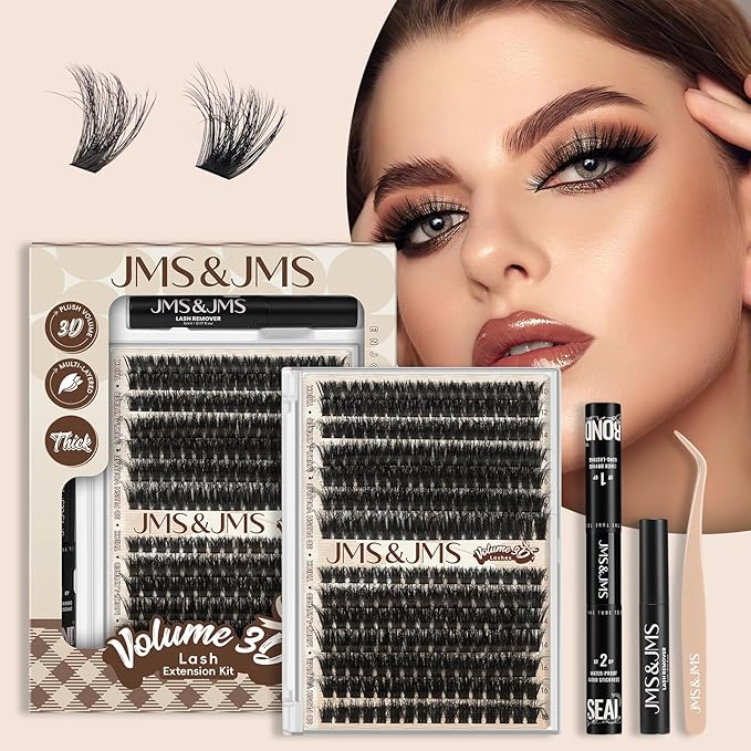 JMS&JMS Lash Clusters Kit 3D Effect Lash Extension Kit 80D 100D Fluffy Lash Clusters D Curl Lash Lift Kit with Lash Bond and Seal Waterproof, Lash Applicator, Thick False Eyelashes Kit (10-18MIX)