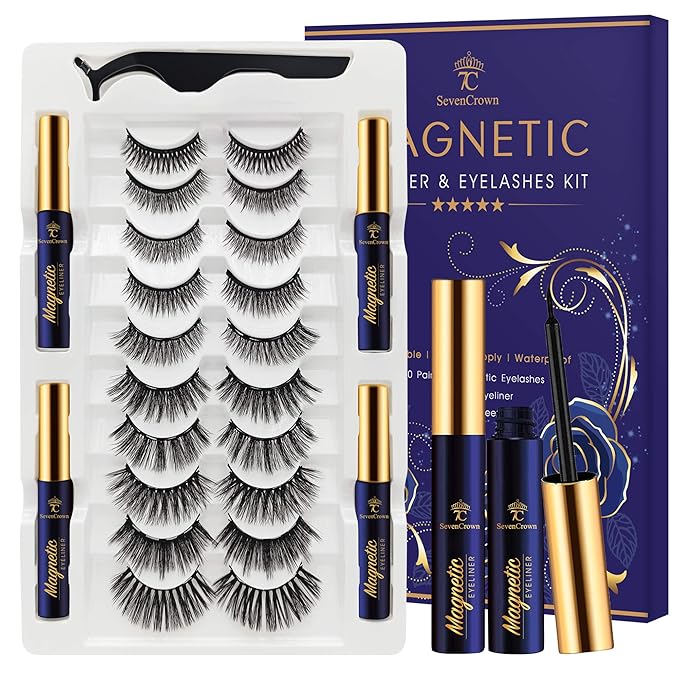 SevenCrown Magnetic Lashes Natural Looking Kit - 10 Pairs Reusable Magnetic Eyelash Kit with Applicator, Easy to Apply