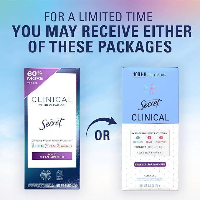 Secret Clinical Strength Antiperspirant Deodorant for Women, 100hr Sweat & Odor Protection, 3X Stress Protection with Hyaluronic Acid, PH Balancing Minerals, Clear Gel, Clear Lavender Scent, 2.6 oz