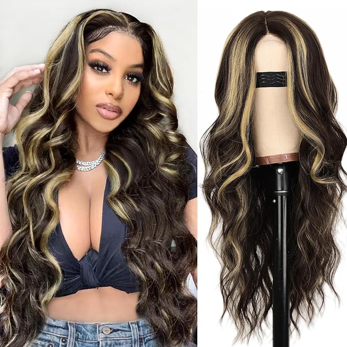 AISI HAIR Long Wavy Dark Brown with Blonde Highlight Lace Hairline Wigs for Women，Middle Part Synthetic Heat Resistant Wig for Daily Party-26 Inch