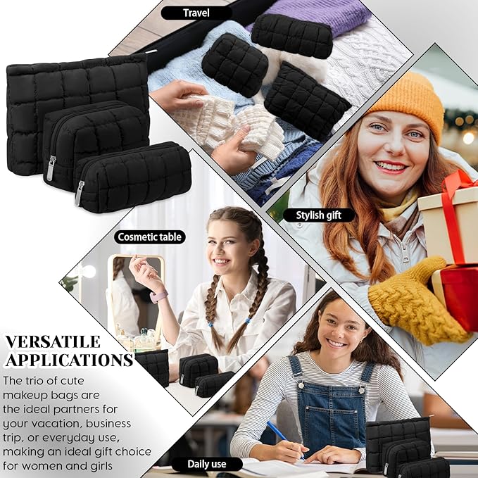 Huhumy 3 Pcs Puffy Makeup Bag Quilted Cosmetic Pouch for Women Cute Checkered Travel Toiletry Bag Puffer Makeup Organizer Purse Pouch Preppy Pencil Case with Zipper