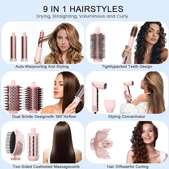 9 in 1 Hair Styler Curler & Air Dryer Brush, 110,000 RPM High-Speed Negative Ionic Foldable Hair Dryer Fast Drying, Multi Professional Hot air Styler for Curling Volumizing Straightening Styling(Pink)