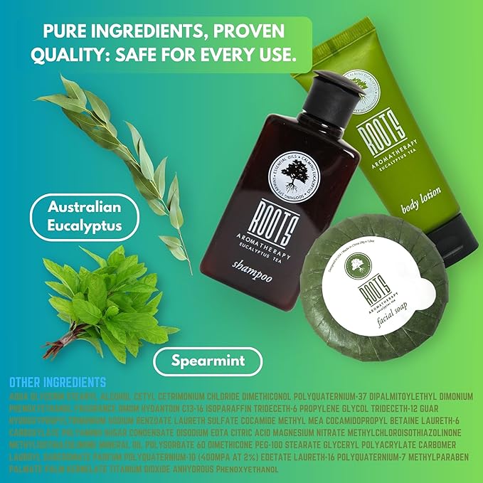 ROOTS AROMATHERAPY Travel+Essentials Shampoo and Conditioner Sets Body Wash Lotion & Soap,Guest Bathroom Essentials Toiletries Kit Bulk Mini Set Kits Sulfate Free Toiletry (10 Count)