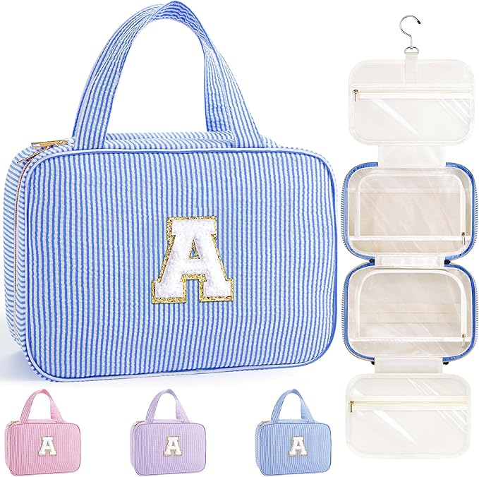 TOPEAST Valentines Day Gifts for Kids Women Her - Travel Hanging Toiletry Bag & Makeup Bag, Personalized Initial Toiletry Pouch, Birthday Gifts for Women Teen Girls, Cruise Essentials, Blue A