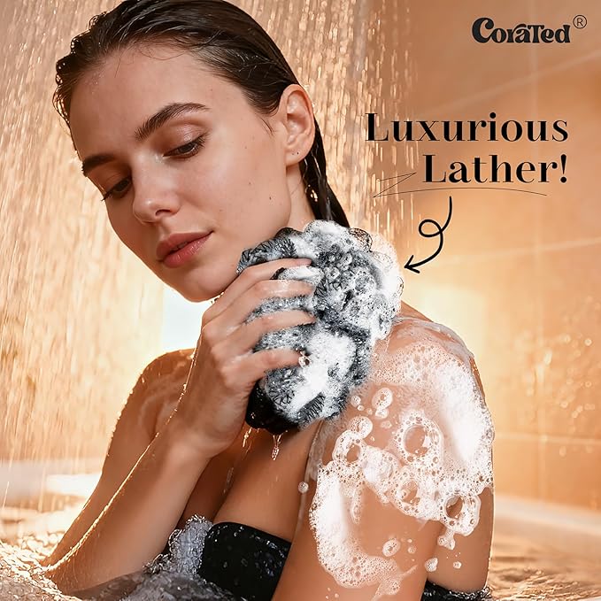 CORATED African Net Sponge Authentic, Shower Loofah Exfoliating Bath Sponge, Body Scrubber for Women and Men Daily Use Body Care, Travel Portable Bath Accessories for Bathroom (Blue & Black)