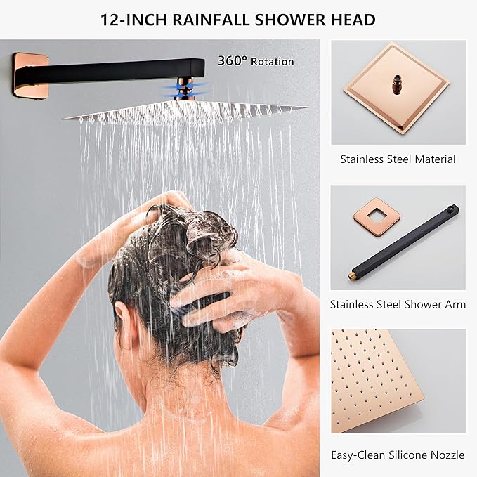 LCEVCGK Shower Faucet Set with Tub Spout, Matte Black and Rose Gold Rainfall Shower System Complete Wall Mounted for Bathroom with 12 Inch Square Shower Head and Handheld Shower Head Rain Mixer Combo