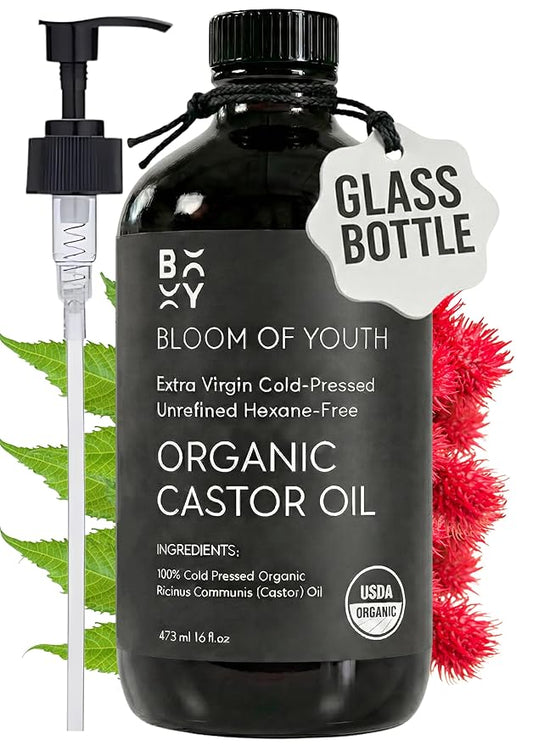 100% Pure Cold Pressed Organic Castor Oil, Glass Bottle 16oz | Hexane Free, Unrefined, USDA Certified | For Hair, Skincare, Castor Oil Pack, Face, Joints, Carrier Oil, Eyelashes, Eyebrows