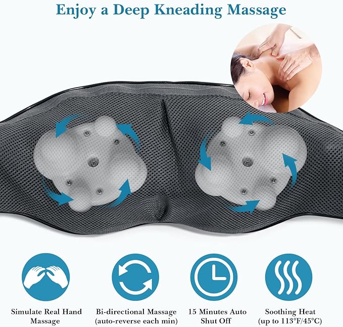 TRIDUCNA Shiatsu Neck Back and Shoulder Massager with Heat - Electric Deep Tissue 3D Kneading Massage Pillow for Lower Back, Calf, Legs, Full Body Muscle Relaxation, Home, Office, and Car Use