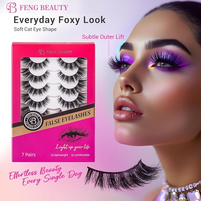 Cat Eye False Eyelashes Wispy Fluffy Volume Dramatic Strip Lashes Lightweight Natural Look Easy to Apply Reusable Faux Mink Eyelashes for Daily and Glam Makeup 7 Pairs