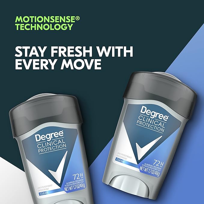 Degree Men Clinical Protection Antiperspirant Deodorant 72-Hour Sweat & Odor Protection Clean Prescription-Strength Antiperspirant For Men with MotionSense Technology 1.7 oz, Pack of 2