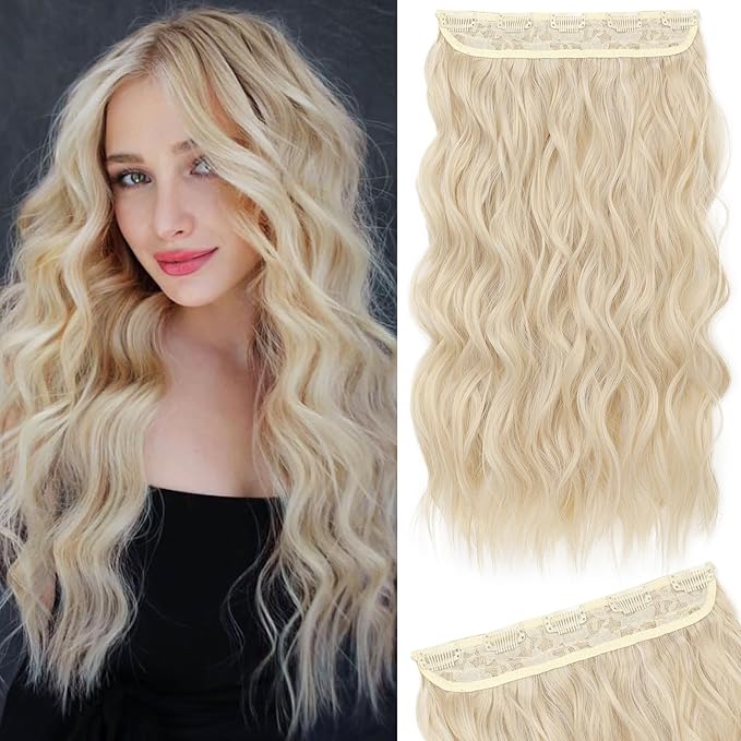 REECHO Blonde Hair Extensions, 20” Single Piece Clip in Hair Extensions Thick Long Beach Wavy Natural Soft Synthetic Hairpieces for Women, Cool Light Blonde