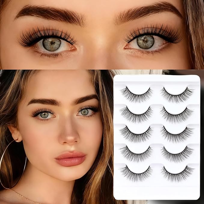 Veleasha Lashes Wispy False Eyelashes Cat Eye 100% Handmade Eyelashes 3D Effect Faux Mink Natural Look Fake Lashes Short Eye Lightweight Lashes with Soft Cotton Band 5 Pairs Pack (Daily)