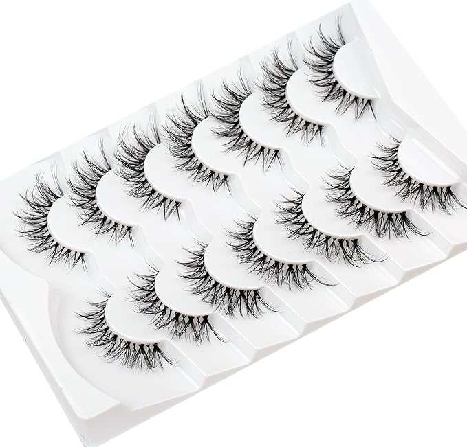 Pooplunch False Eyelashes Cat-Eye Look Wispy Lashes Fairy Fluttery Volume Natural 8D Crossed Fake Eyelashes Faux Mink Lashes Strips 7 Pairs