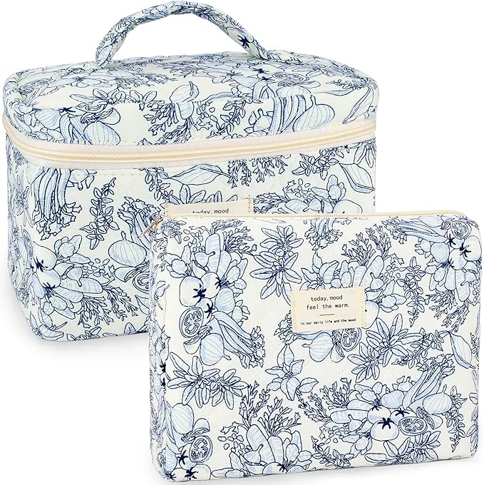 URSKYTOUS 2Pcs Cotton Quilted Makeup Bag for Women Girls Floral Travel Large Small Cosmetic Bag Set Cute Vintage Flower Makeup Pouch Portable Toiletry Bag Organizer Coquette Aesthetic Makeup Brush Bag