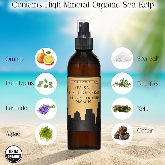 Seattle Pomade Co. Certified Organic Sea Salt Texture Spray. Made with organic materials from around the world.