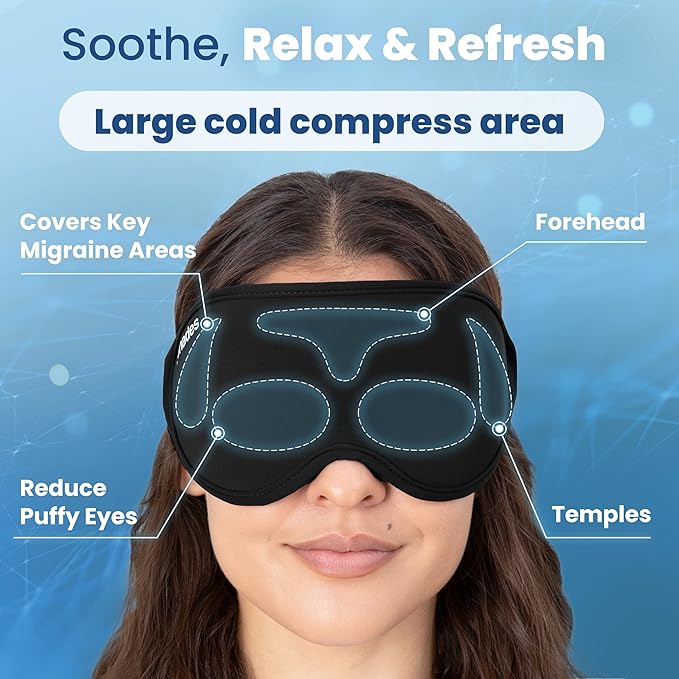 IceShades Cooling Gel Eye Mask for Migraine Relief, Tension & Hangover Migraine Mask, Cold Compress for Headache Dark Circles Tired Puffy Eyes, Reusable Ice Pack for Sleeping, Black