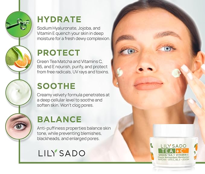 LILY SADO TEA+C™ Green Tea Matcha & Vitamin C Moisturizer - Antioxidant, Anti-Aging Anti-Wrinkle Daily Moisturizing Lotion - Hydrates, Softens, Firms & Tones for Soft Radiant Skin. For Women & Men.