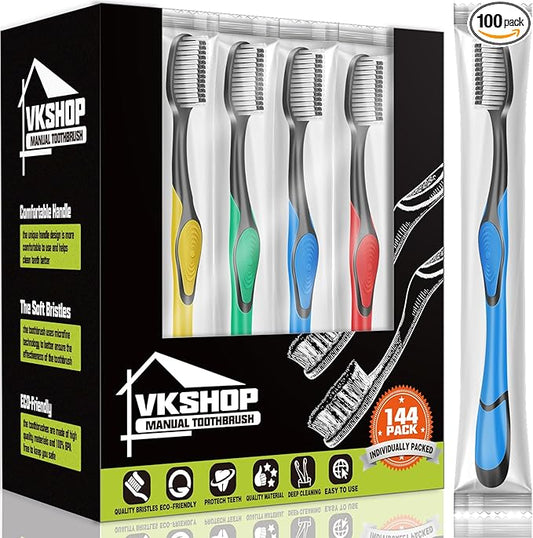 100 Pack Disposable Manual Toothbrush, Soft Toothbrushes for Adults, Individually Wrapped Toothbrush for Women Men Hotels Guest Rooms (144 Toothbrush-1)
