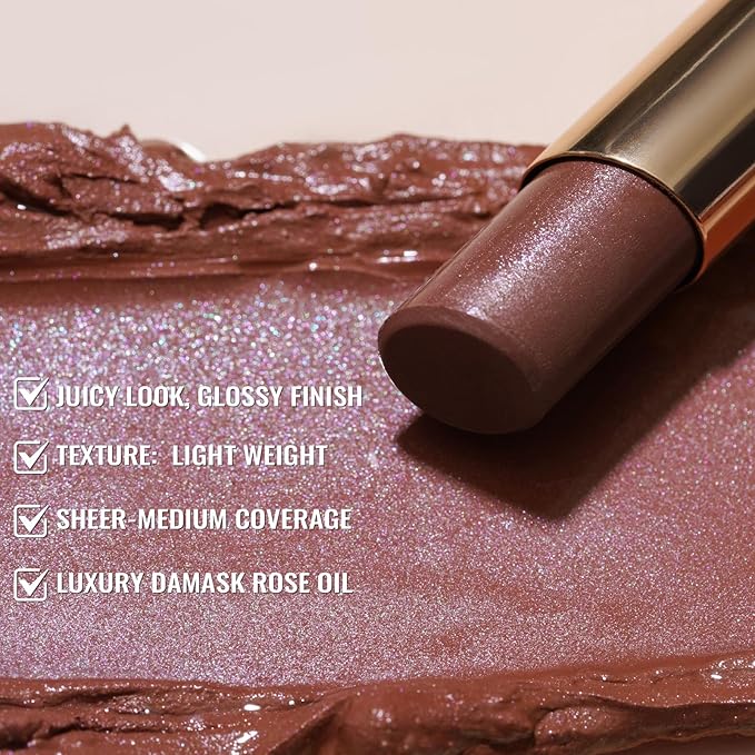 Oulac Moisturizing Shine Brown Red Lipstick for Women - 2 in 1 Glossy Brown Tinted Lip Balm, Hydrating Winter Lipstick for Dry Lips,Shine Juicy Finish Vegan 2.2g/0.07oz (03) | Moisturizing, Tinted Lip Balm