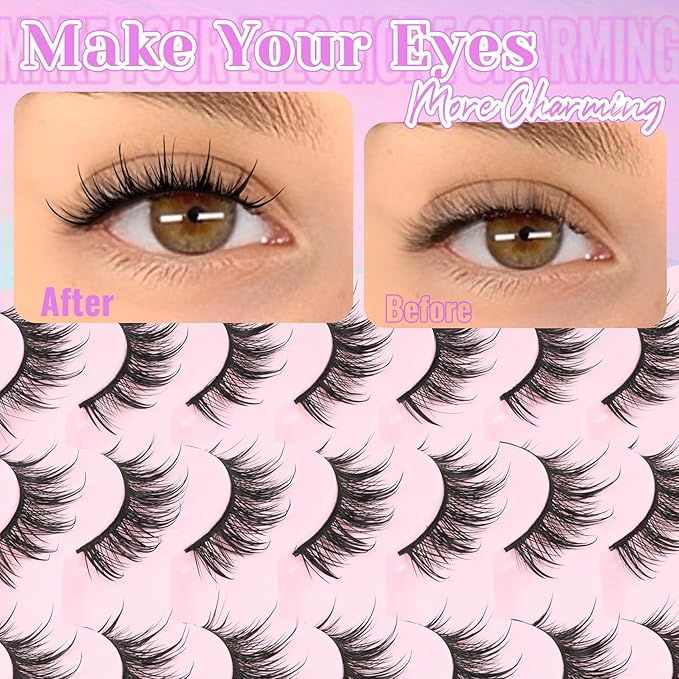 Losha Lashes Spiky Manga Lashes 14 Pairs Wet Look Anime False Eyelashes Wispy Asian Strip Lashes Pack Soft Reusable Fake Eyelashes (Spiky)