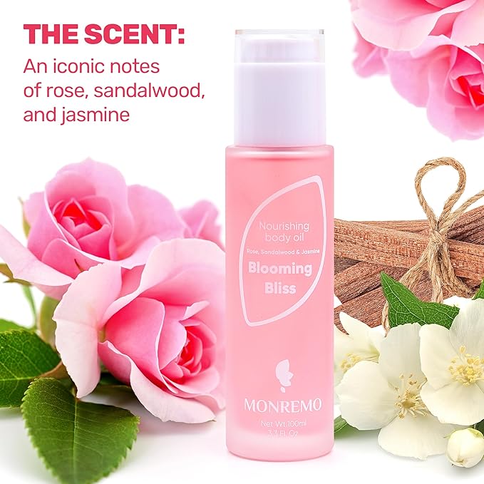 MONREMO Nourishing Body Oil | Hydrating Squalane, Sweet Almond, Rose, Sandalwood & Jasmine Extracts, Apricot Kernel, Safflower & Castor Oils, Fast-Absorbing Moisturizer for Dry Skin, After Shower Care