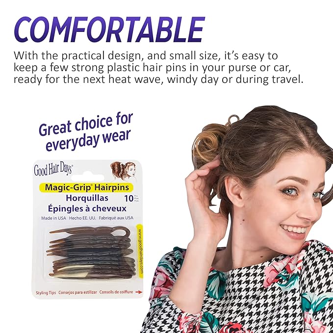 Good Hair Days Hair Pins - 2 1/2" Plastic, U-shaped Magic Grip Hairpins, Strong Durable Pins For Fine, Thick & Long Hair, Styling Accessories - Black, Set of 20