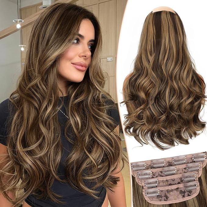 Kookastyle Clip in Hair Extensions, Natural Long Layered Soft Invisible Synthetic Curly Wavy Hairpieces for Women,4 pcs(20 Inch,Balayage Dark Brown to Chestnut)