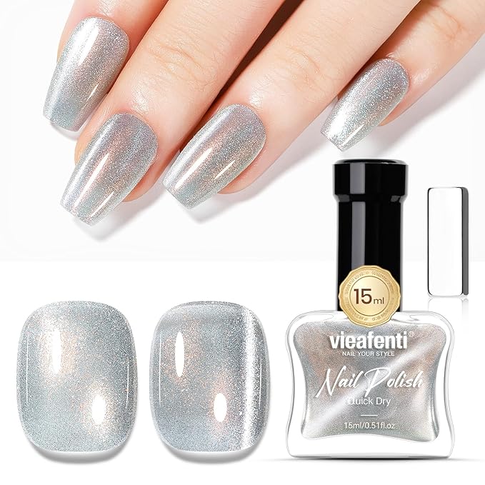 Cat Eye Nail Polish 15ml Holography Silver, Fast Dry Nail Polish with Magnet Regular Cateye Air Dry Oil-Base Glossy Magnetic Nails Polish Non Gel for Home Salon