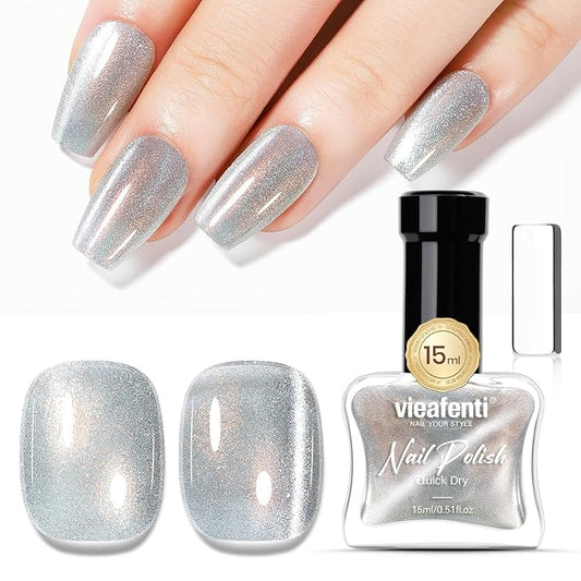 Cat Eye Nail Polish 15ml Holography Silver, Fast Dry Nail Polish with Magnet Regular Cateye Air Dry Oil-Base Glossy Magnetic Nails Polish Non Gel for Home Salon