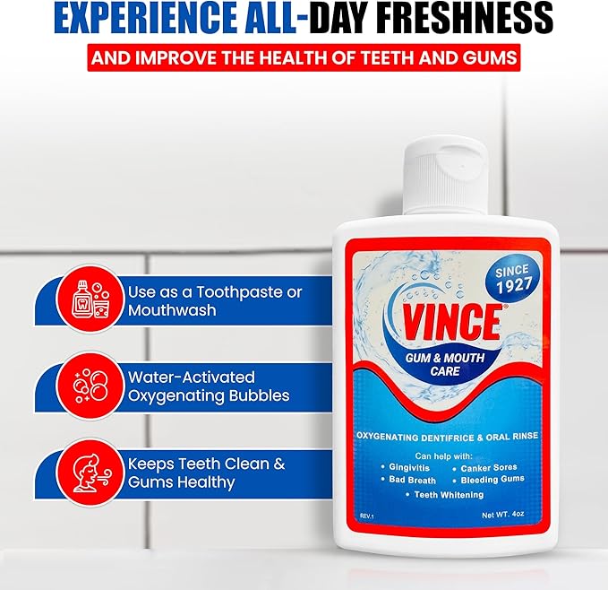 Vince Gum & Mouth Toothpaste Powder - Dentifrice & Mouthwash - Cavities - Gingivitis - Irritated, Bleeding & Receding Gums - Canker Sore - Bad Breath - Inflammation - Tonsil Stones - 4oz (Pack of 2)