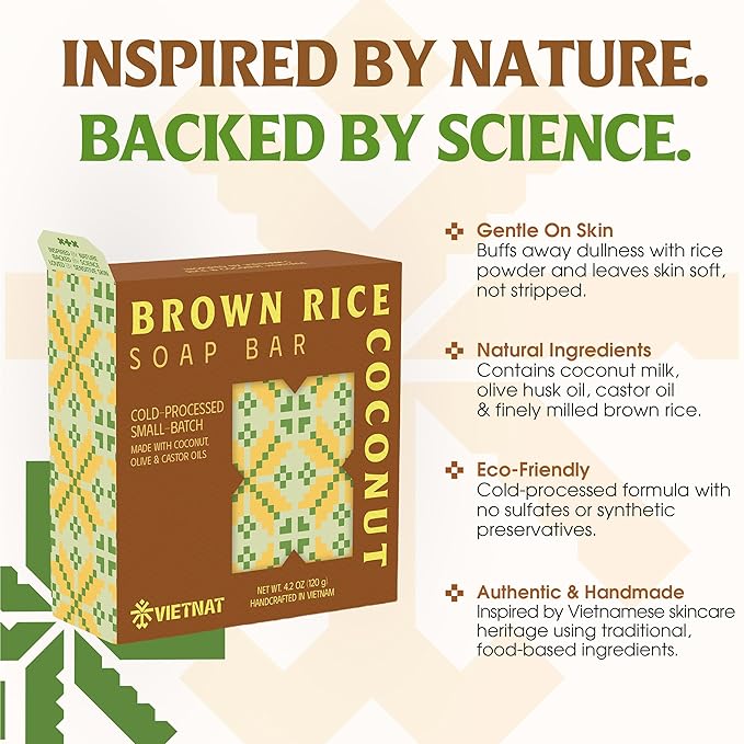 VIETNAT Brown Rice & Coconut Milk Soap Bar (Pack of 5) – 2-in-1 Exfoliating & Moisturizing Handmade Soap, Cold Process Bar with Brown Rice & Coconut Oil, Made in Vietnam