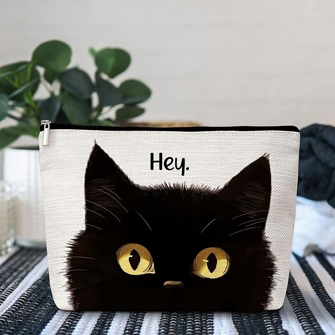 GREOXG Hey Black Cat Makeup Bag, Small Travel Cosmetic Bag with Zipper, Cute Makeup Pouch Gift Ideas for Women Teen Girls Friends Mom Sisters Teacher Birthday Christmas Wedding Graduation-E07