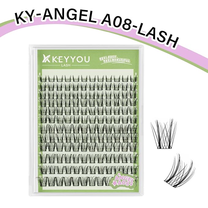 KEYYOU LASH clusters 144Pcs D Curl Angel Eyelash Extension Thick Wispy Natural Band Lash with Waterproof DIY Lash Extension at Home（Angel A08-D-8-18MIX）