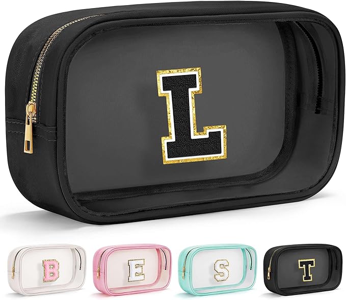 YOOLIFE Valentines Gifts for Girls Kids Makeup Bag Organizer Clear Toiletry Bags for Traveling Women Cosmetic Bags Birthday Gifts for 3 4 5 6 7 8 9 10 11 12 13 Year Old Girls Black Initial L