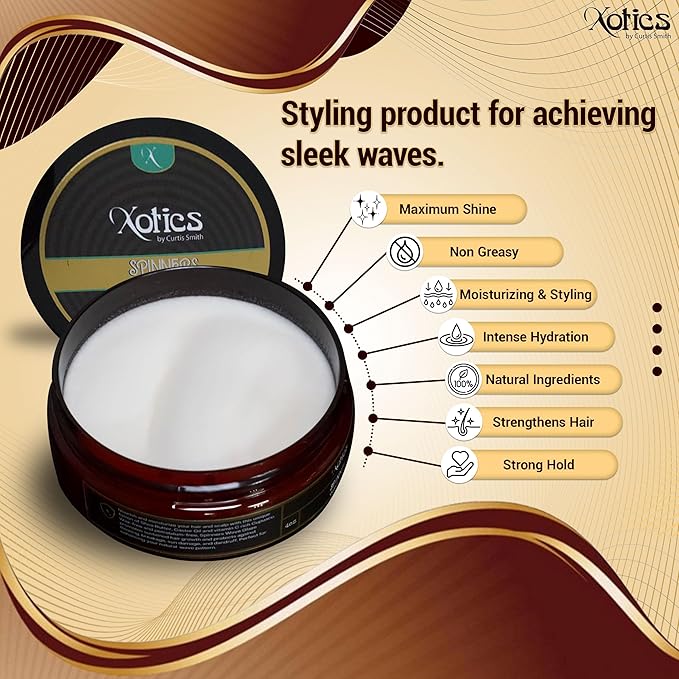 Xotics Spinners Wave Grease for Men & Women 4oz - All Natural, 100% Pure Organic Pomade 360 Waves Hair Cream Shea Butter Strong Hold Silky Shine