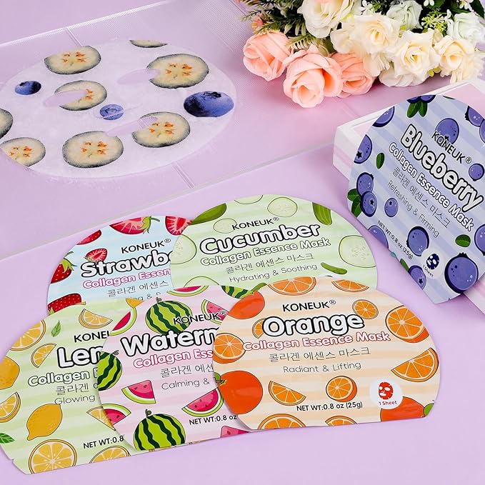 KONEUK 36 Pack Colorful Fruit Face Mask Set, Hydrating & Moisturizing, Bulk Sheet Facial Mask for All Skin Types, Collagen Face Masks Skincare for Women, Valentines Day Gifts and Spa Party Gifts