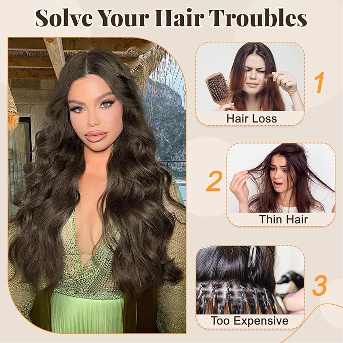 ALXNAN Clip in Long Wavy Synthetic Hair Extension 24 Inch Ash Brown 4PCS Thick Hairpieces Fiber Double Weft Hair for Women