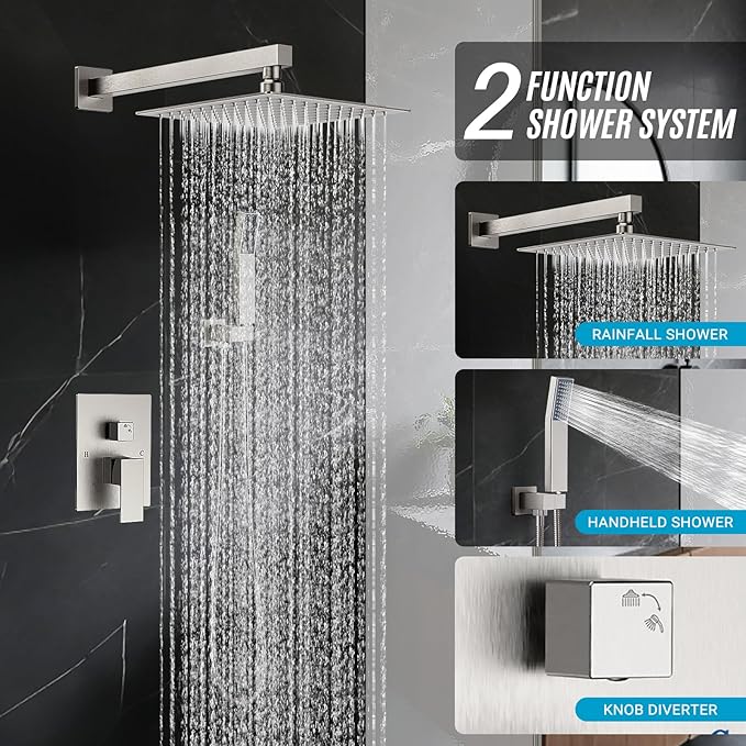 IUERASD Shower Faucet Set with Shower Head, Wall Mount 10 Inch Square Rainfall Shower Head and Handle Set Single Handle Shower System Set with Female Threads Valve Body and Trim Included(Brush Nickel)
