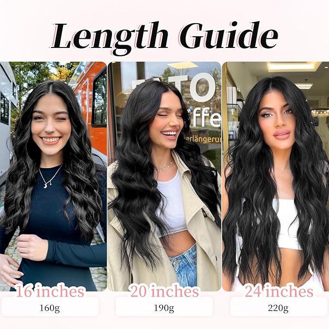 KooKaStyle Clip in Hair Extensions 4PCS Long Wavy Synthetic Dark Black Brown Fiber Double Weft Natural Thick Hairpieces 24Inch for Women