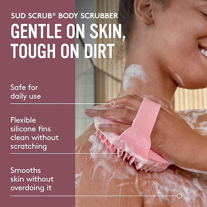 Sud Scrub® Antimicrobial Silicone Body Scrubber, Exfoliating Body Scrubber for Sensitive Skin, Eco Friendly Shower Scrubber for Body, Silicone Body Brush for Showering, Pink