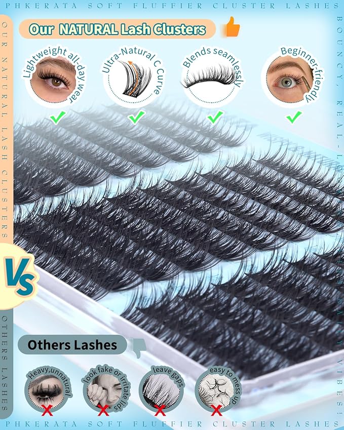 Wispy Lash Clusters Naural Eyelash Clusters Extensions C Curly Individual Lashes Clusters DIY Eyelash Extension with Wide Soft Thin Band,10-16MM,180Pcs