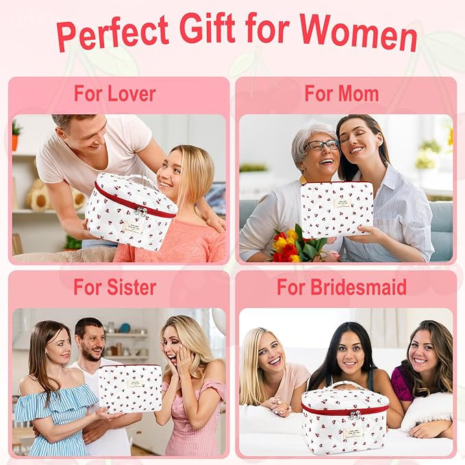 URSKYTOUS 3Pc Cotton Quilted Makeup Bag for Women Extra Large Coquette Small Floral Travel Cosmetic Bag Set Cute Cherry Makeup Pouch Portable Toiletry Bag Organizer Vintage Puffy Essential Storage Bag