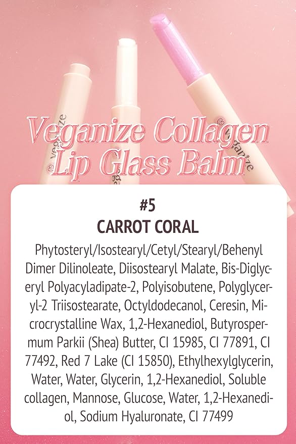 self beauty Veganize Collagen Lip Glass Balm - Hydrating Lip w/Hyaluronic Acid - Vegan Korean Lip Balm Moisturizing Lip Care – Lip Gloss Repair for Dry Cracked Lips 0.06 oz (#5 Carrot Coral)
